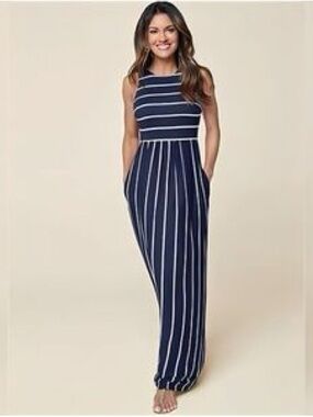 VENUS Navy and White Striped Sleeveless Maxi Dress with Pockets in Size S